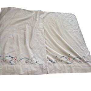 Handmade Vintage Pillowcase Set With Embroidered Kittens & Blue Flower Pattern